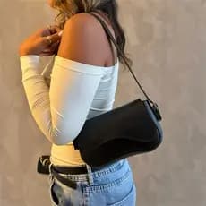 Bolsa de Ombro Feminina com Alça Ajustável, Bolsa Feminina Elegante com Couro Preto, Bolsa Transversal Tiracolo Presente