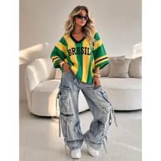 Blusa Do Brasil Tricot Listrado Blusão Do Brasil Tendência Copa Do Mundo Moda Feminina Torcida Camiseta Amarela Estilosa