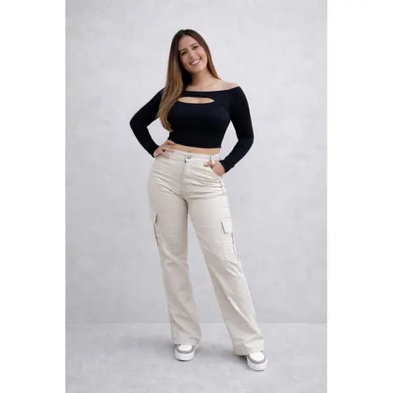 Calça Cargo Jeans Feminina Wid Leg Cintura Alta Confortável Bolso Lateral Moda Tendência Barra Larga Casual Estilosa