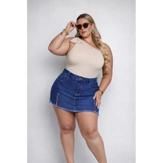Short Saia Jeans Plus Size Moda Feminina Zíper Confortável Tendência Verão Blogueira Casual Estiloso Curto Cintura Alta