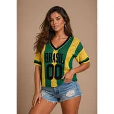 Camiseta Do Brasil Tricot Verão Copa Do Mundo Camiseta Feminina Seleção Brasileira Torcida Leve Casual Moda Blogueira