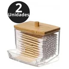 KIT 2 Porta Cotonete com Tampa de Bambu Luxo, Organizador Multiuso Acrílico Premium, Recipiente para Algodão Higiénico