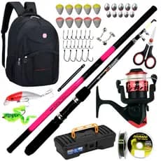 KIT Molinete de Pesca Vara Telescópica Mão Mochila Isca Artificial Anzol Kit Pescar Traira Robalo