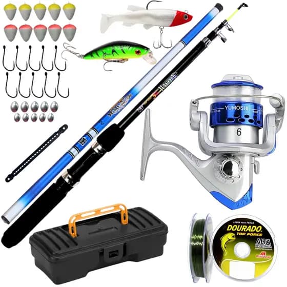 Molinete com Vara de Pesca Telescopica de Mão 3,60 Kit Anzol Isca Artificial pescar Tilapia Tucunare