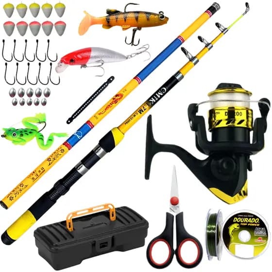 Kit  Completo Molinete De Pesca Vara Telescopica Mão Isca Artificial Anzol Pescar Praia Mar Represa