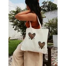 Bolsa de Praia Ecobag Feminina 100% Algodão 30x30 –  Passeio e Compras Estampa Coração Animal Print PROMOÇÃO