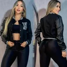 Jaqueta bomber moletom feminina, com botões manga couro, estilo colegial moda blogueira inverno