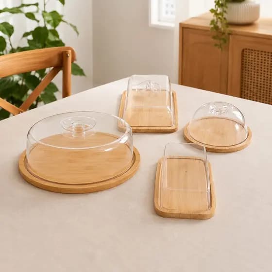 Kit Mesa Posta de Bambu – Queijeira + Manteigueira + Boleira + Porta-Frios | Ideal para Café da Manhã