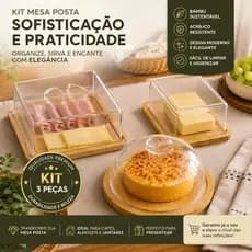 Kit café da manhã de bambu 3 itens Queijeira + Boleira + Porta frios/ mesa posta, decoração