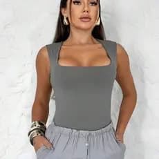 QUADRADO Body Bori Feminino Suplex Regata Alças Grossas Collant Decote Quadrado Básico Casual Dia Noite Trabalho Festa