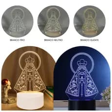 Luminária Abajur De MesaTomada Led 3d Nossa Senhora Aparecida Base Branca e Preto