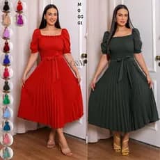 Vestido Plissado Liso Feminino Manga Bufante Curto Com Elástex Plus Size M-G-GG-G1