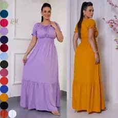 Vestido Longo Feminino Evangélico De Festa Com Manga Elástico na Cintura