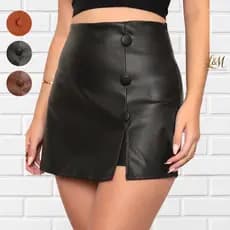Short Saia Couro Feminino Cintura Alta Courinho Botão Forrado Tendência 2025