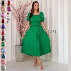 Vestido Feminino Plus Size Midi Manga Curta Bufante Elástex Plissado Liso Verão Elegante