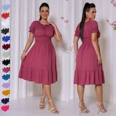 Vestido Feminino Mídi Com Manga Tem Elástico na Cintura Evangélica Com Com Forro