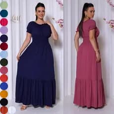 Vestido Feminino Longo Liso Evangélico De Festa Com Manga Elástico na Cintura Tem Forro