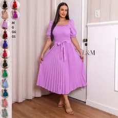 Vestido Midi Feminino Plus Size Verão Plissado Liso Manga Curta Bufante com Elástex Elegante