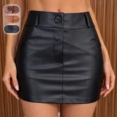 Saia Feminina Couro Ecológico Curta Cintura Alta com Bolsos Moda Feminina