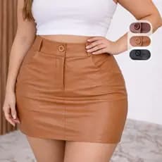 Saia Feminina Couro Sintético Cintura Alta Curta com Botão Moda Outono Inverno