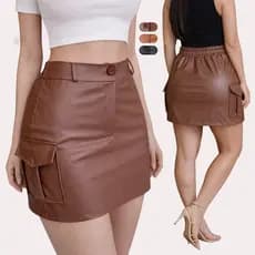 Saia Couro Ecológico Feminina Marrom Cintura Alta com Bolso Cargo Plus Size Moda Feminina Oferta