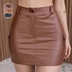 Saia Couro Feminina Marrom Cintura Alta Estilo Street Style com Bolso Cargo Plus Size Moda Feminina