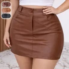 Saia Couro Ecológico Feminina Cintura Alta com Bolsos Moda Outono Inverno