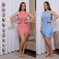 Vestido Feminino Enverlope Malha Canelado Amarre na Saia Verão
