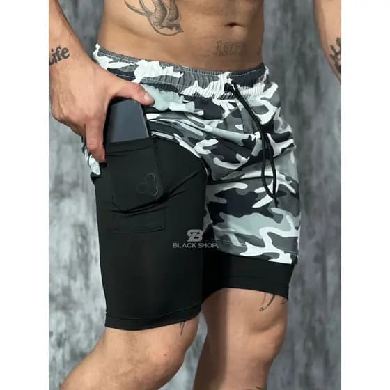 Short 2 em 1 Dry Compressão CAMUFLADO Plus Size M ao G3 Bermuda Academia Treino Corrida Com Elastano