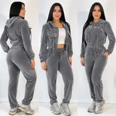 CONJUNTO FEMINO DE VELUDO CRISTAL  COM CAPUZ ZIPER CALÇA COM BOLSO FEMININO