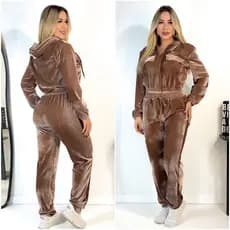Conjunto Veludo Cristal Feminino Com Capuz Ziper Calça Com Bolso Frio Outonio Inverno
