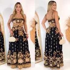 Vestido Longo Estampado Novo Temperamento Feminino Elegante  Com Bojo Elastex  Regulador