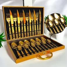 Kit Faqueiro Talheres com Maleta 24 Peças Em Aço 410 Inoxidável  Dourado Super Resistente