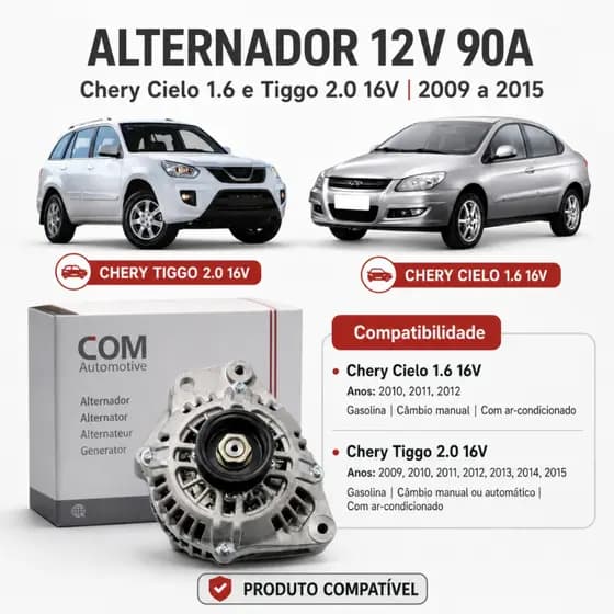 Alternador 12v 90a Chery Cielo 1.6 E Tiggo 2.0 16v 2009 A 2015