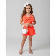 Conjunto Infantil Festa Menina Moda Blogueirinha Nude/Azul/Rosa/Laranja/Lilás Verão Conjunto de Laço