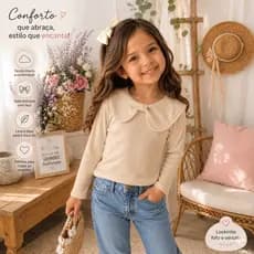 Blusa Infantil Manga Longa Canelada com Gola Laço Delicada Moda Mini blogueira Outono Inverno Infantil