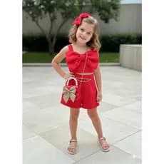 Conjunto Infantil Feminino Nude/Azul/Rosa/Laranja/Lilás Conjunto em Linho | Festa | Laço Elegante Conjunto Menina
