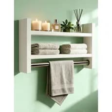 Nicho Porta Toalha100% MDF Branco Preto Com Prateleira Organizadora de Parede Tubo Metal Para Banheiro