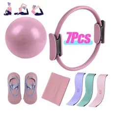 Conjunto Pilates E Yoga 7 Peças P/ Treino E Alongamento Argolas de Pilates, Faixa Elástica De Resistência, Bola De Ioga