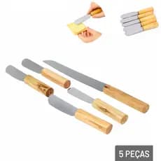 Faca Para Pão + 4 Espátulas de Metal 5 Pçs com Cabo Madeira