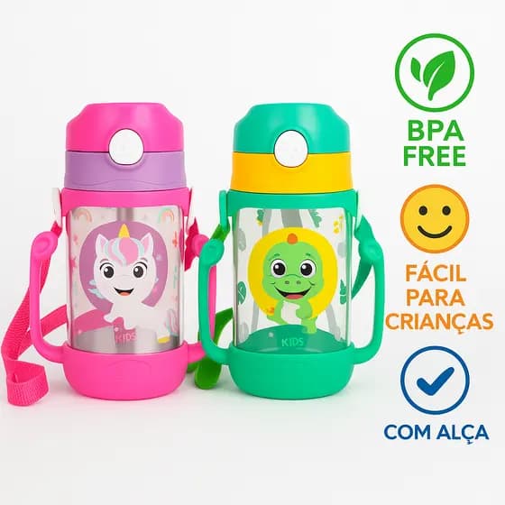 Garrafa cantil de Água Plástica Infantil 400 ml com Bico de Silicone e Alça Dupla Portátil Verão ideal para crianças