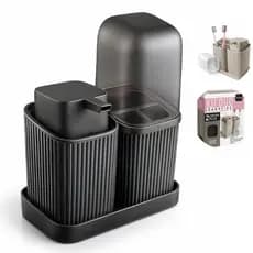 Suporte Escova com tampa + Saboneteira liquida - Kit Banheiro 2 peças Com frisos