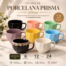 Kit 6/12/24 Xícaras De Porcelana Prisma 200ml Resistentes Coloridas Chá Café Design Elegante