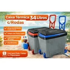 Caixa Térmica 34L com Rodas e Alça Reforçada | Cooler Portátil com Porta-Copos para Praia e Viagem Camping Cerveja Refri