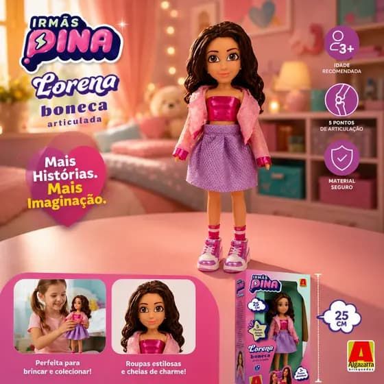 Boneca Lorena Irmãs Pina Articulada 25cm Algazarra Youtuber Influencer Menina
