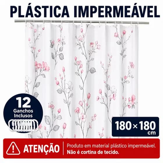 Cortina de Banheiro Box 180x180cm Plástica Impermeável Estampada com 12 Ganchos