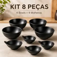 Kit 8 Peças Melamina Preta 4 Tigelas Bowl 15cm + 4 Molheiras para Molhos e Petiscos