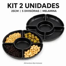 Kit 2 Petisqueiras Redondas Pretas 25cm em Melamina 5 Divisórias para Petiscos