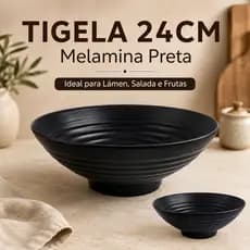 Tigela Grande Melamina Preta 24cm para Lámen, Salada, Poke, Frutas e Restaurante