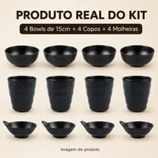 Kit 12 Peças Melamina Preta 4 Tigelas Bowls 15cm + 4 Copos + 4 Molheiras